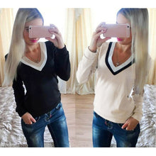 Women All-match T-Shirt Contrast Deep V-Neck Striped Shirt Long Sleeve Casual Tee Top BlackBeige Ladies Clothing TIML66 TIML66