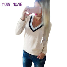 Women All-match T-Shirt Contrast Deep V-Neck Striped Shirt Long Sleeve Casual Tee Top BlackBeige Ladies Clothing TIML66 TIML66