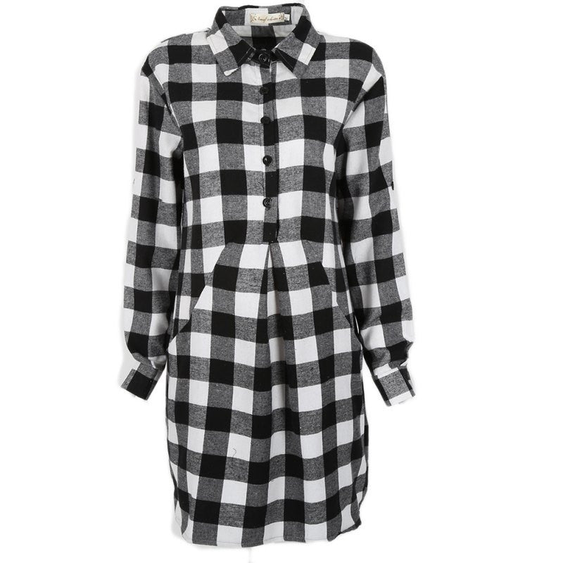 plaid shirt dress leisure vintage long plaid check print casual shirt dress mini plus size party dresses TIML66