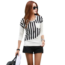 Women Casual T-Shirt Striped Patchwork Chest Pocket Long Sleeve T-shirt Women Tops Tee WhiteBlack TIML66 TIML66