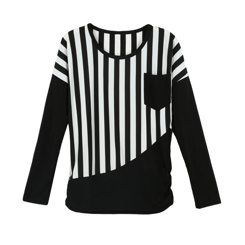 Women Casual T-Shirt Striped Patchwork Chest Pocket Long Sleeve T-shirt Women Tops Tee WhiteBlack TIML66 TIML66