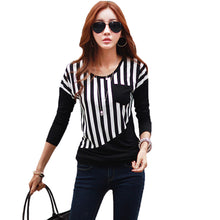 Women Casual T-Shirt Striped Patchwork Chest Pocket Long Sleeve T-shirt Women Tops Tee WhiteBlack TIML66 TIML66