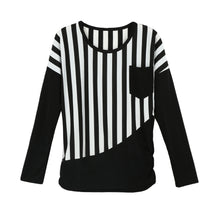 Women Casual T-Shirt Striped Patchwork Chest Pocket Long Sleeve T-shirt Women Tops Tee WhiteBlack TIML66 TIML66