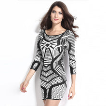 Big Discount Women Bodycon Dress Geometry Print O Neck Three Quarter Sleeve MinI Dresses Club Dress Black TIML66 TIML66