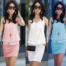 Women Dress Chiffon O Neck Office Dress Sleeveless Csual Bodycon Dress Vestidos Blue/White Plus Size TIML66