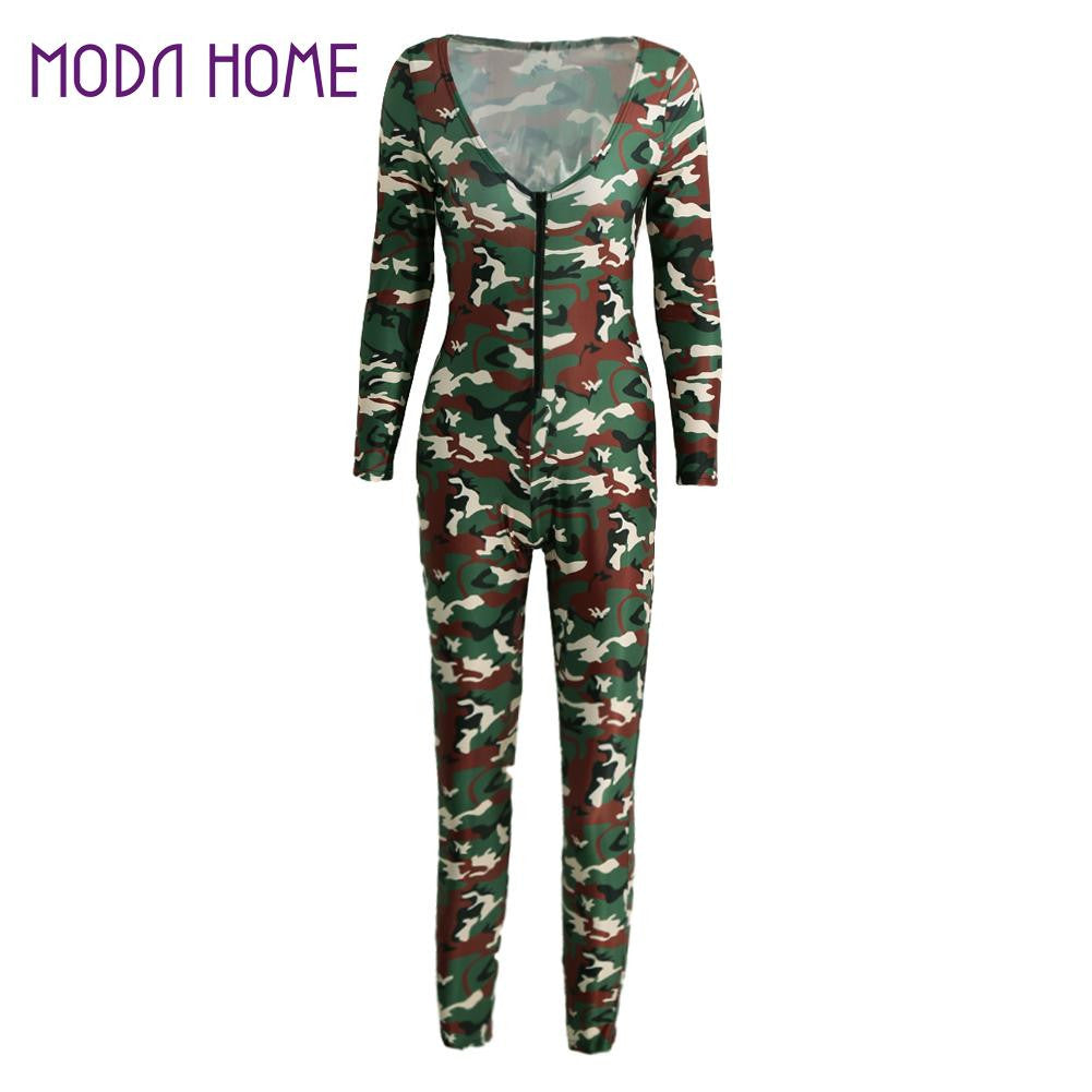 Sexy Outfits Women Jumpsuit Camouflage Print V Neck Long Sleeve Bodycon Playsuit Rompers Army Green Catsuit TIML66 TIML66