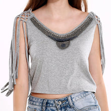 Camisas Femininas Europe Sexy Women Crop Top Beading Tassel Sleeveless O-Neck Bustier Top Solid Color Grey Cropped Feminino TIML66 TIML66