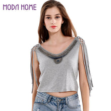 Camisas Femininas Europe Sexy Women Crop Top Beading Tassel Sleeveless O-Neck Bustier Top Solid Color Grey Cropped Feminino TIML66 TIML66