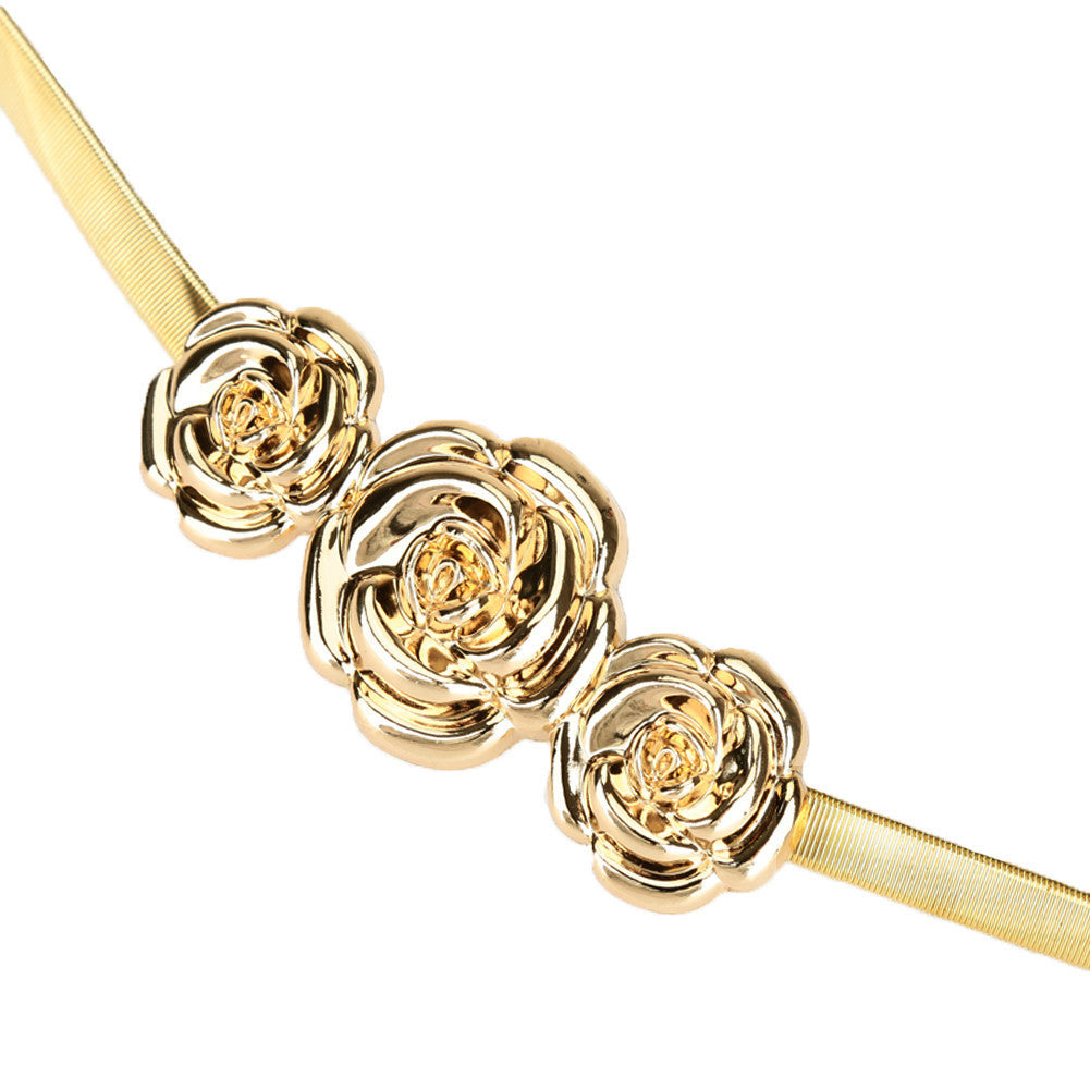 chic women metal belt rose clasp front stretch waist strap elastic waistband gold silver TIML66