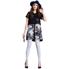 clearance chiffon women blouse floral print short sleeve elegant-shirts long women tops black plus size women clothing TIML66
