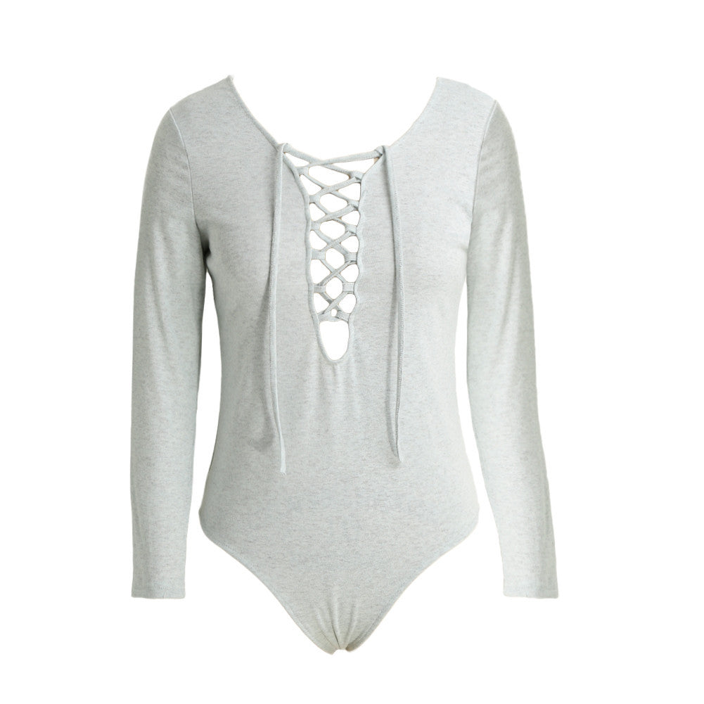 elegant jumpsuit sexy women lace up bodysuit rompers tie front long sleeve stretch slim playsuit salopette ol overalls grey TIML66