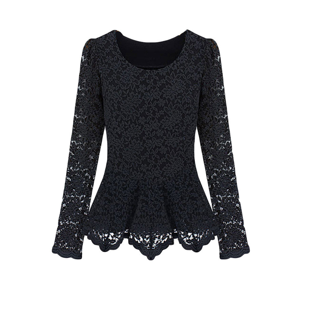 Elegant Women Lace Blouse Long Sleeve Peplum Slim Basic Shirt Tops blusa de renda ladies office shirt clothing Beige TIML66 TIML66