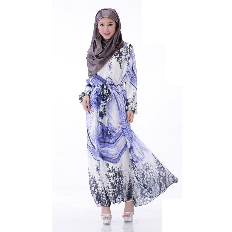 Elegant Women's Kaftan Abaya Jilbab Islamic Muslim Floral Chiffon Long Sleeve Maxi Dress PY3 TIML66