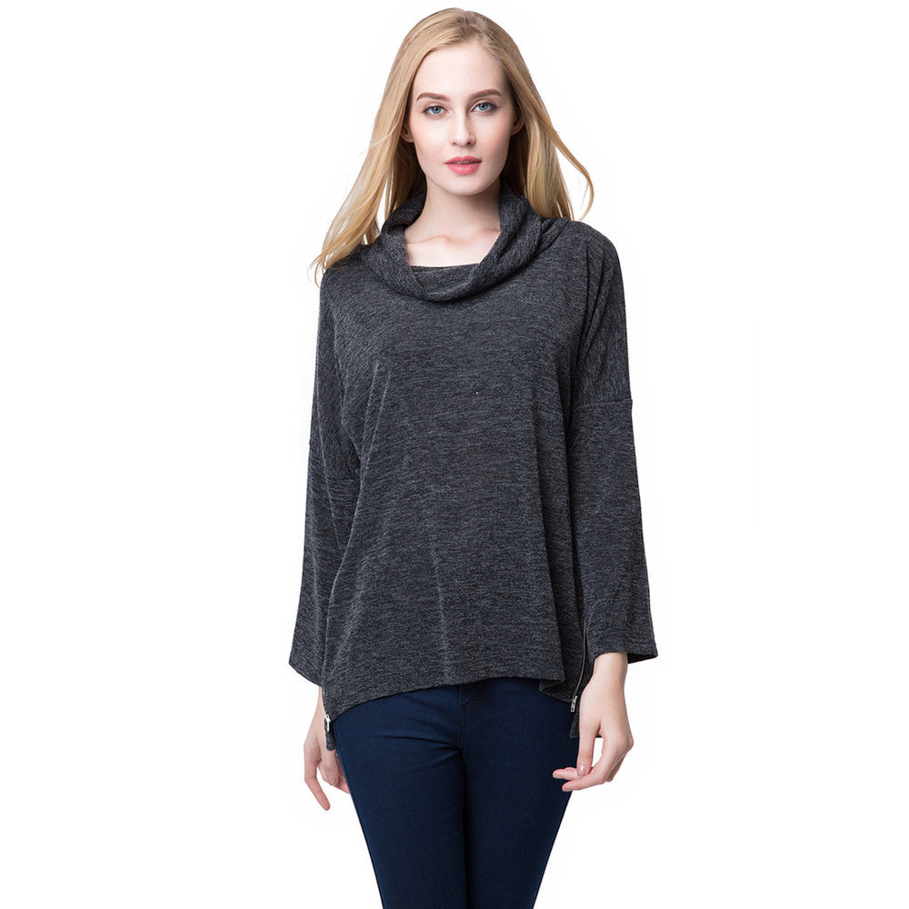 european women casual t-shirts high roll neck side zipper irregular hem t-shirts loose tees women tops knitted pullover TIML66