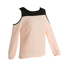 fall women chiffon blousecolor block cold shoulder long sleeve casual loose shirt top femme pink roupas feminina TIML66