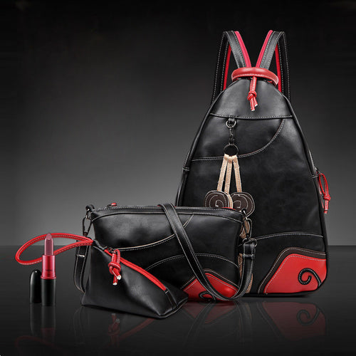 3 Women Backpack Set PU Leather Leaf Applique Schoolbag for Teenagers Girls Student Travel Bag Black Mochilas Escolares TIML66 TIML66