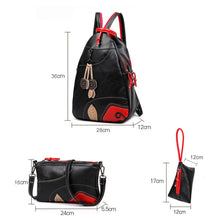 3 Women Backpack Set PU Leather Leaf Applique Schoolbag for Teenagers Girls Student Travel Bag Black Mochilas Escolares TIML66 TIML66