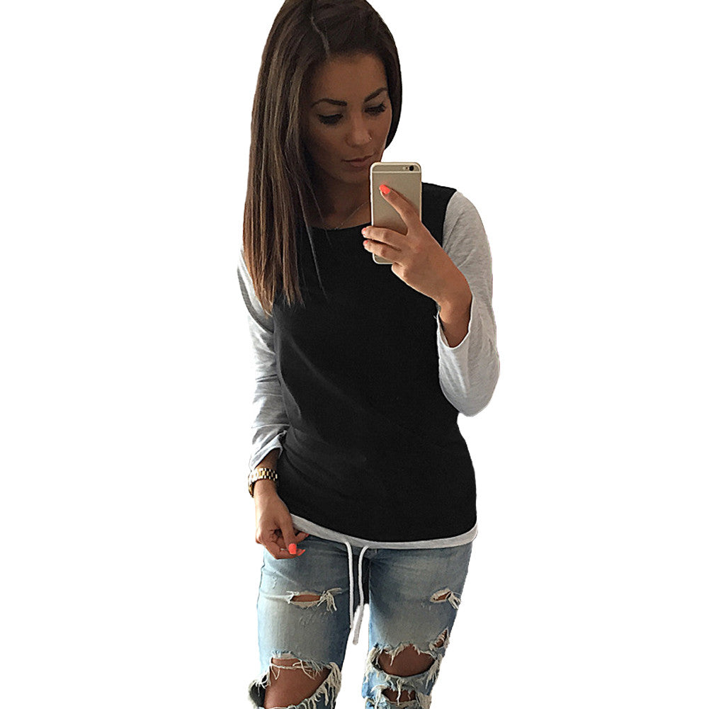 Casual T-shirt Women Color Block Drawstring Design Round Neck Long Sleeve Plus Size T Shirt Women Tops Blusa TIML66 TIML66