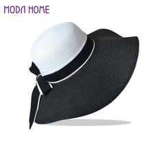 hats for women straw sun hat wide brim contrastcolor bowknot floppy cap beach bohemia headwear black and white TIML66