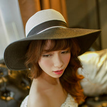 hats for women straw sun hat wide brim contrastcolor bowknot floppy cap beach bohemia headwear black and white TIML66