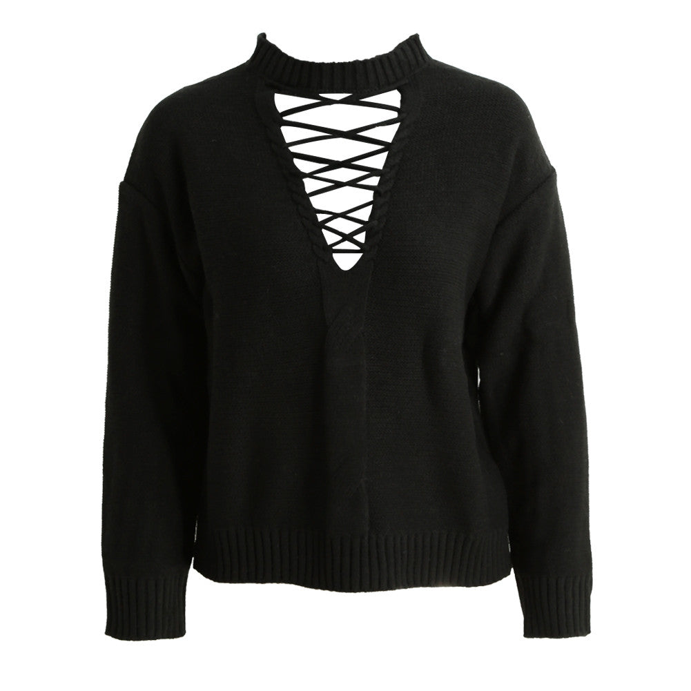 Lace Up Knitted Sweater Women Long Sleeve Turtleneck Casual Pullover Hollow Out Basic Knit Tops Jumper Pull  TIML66 TIML66