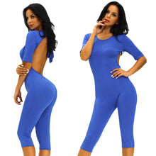 Rompers Women Jumpsuit Shorts Backless Self-Tie O-Neck Short Sleeve High Stretch Bodycon Playsuit Bodysuit Vrouwen Blue TIML66 TIML66
