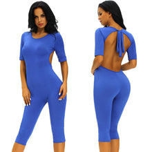 Rompers Women Jumpsuit Shorts Backless Self-Tie O-Neck Short Sleeve High Stretch Bodycon Playsuit Bodysuit Vrouwen Blue TIML66 TIML66