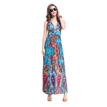 dress women maxi dress sexy vestidos beach dress deep v neck halter neck feather print beach sundress blue TIML66