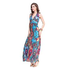 dress women maxi dress sexy vestidos beach dress deep v neck halter neck feather print beach sundress blue TIML66