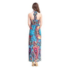 dress women maxi dress sexy vestidos beach dress deep v neck halter neck feather print beach sundress blue TIML66