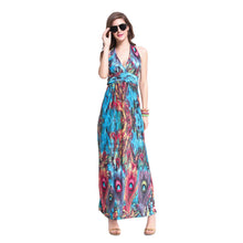 dress women maxi dress sexy vestidos beach dress deep v neck halter neck feather print beach sundress blue TIML66