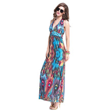 dress women maxi dress sexy vestidos beach dress deep v neck halter neck feather print beach sundress blue TIML66