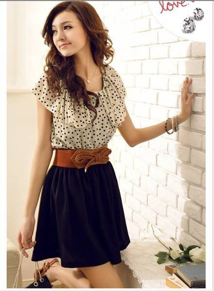 Korean Women Lady Chiffon Dress Short Sleeve Polka Dots Waist Casual Dresses Super Worthy TIML66 TIML66