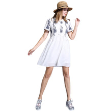 women chiffon dress embroidery o neck elegant dress short sleeves button loose large size party dress white TIML66