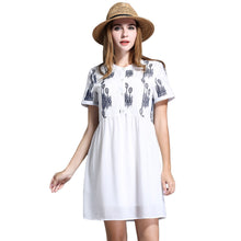Women Chiffon Dress Embroidery O-Neck Elegant Dress Short Sleeves Button Loose Large Size Party Dress White TIML66 TIML66