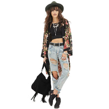Women Chiffon Shirt Open Front Floral Print Long Bat Sleeves Vintage BlouseLoose Kimono Cardigan Coat Black TIML66 TIML66