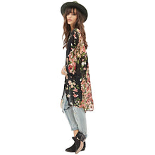 Women Chiffon Shirt Open Front Floral Print Long Bat Sleeves Vintage BlouseLoose Kimono Cardigan Coat Black TIML66 TIML66