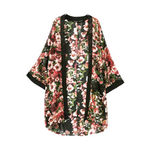 Women Chiffon Shirt Open Front Floral Print Long Bat Sleeves Vintage BlouseLoose Kimono Cardigan Coat Black TIML66 TIML66