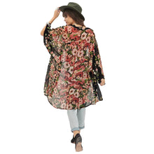 Women Chiffon Shirt Open Front Floral Print Long Bat Sleeves Vintage BlouseLoose Kimono Cardigan Coat Black TIML66 TIML66