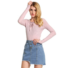 Women Basic Knitwear Cross Lace-Up Tricot V Neck Long Sleeve Solid Slim Knitted Shirt Knitting Plus Size Pullover Tops TIML66 TIML66
