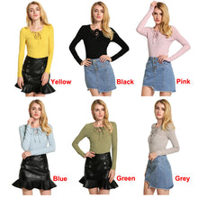 Women Basic Knitwear Cross Lace-Up Tricot V Neck Long Sleeve Solid Slim Knitted Shirt Knitting Plus Size Pullover Tops TIML66 TIML66