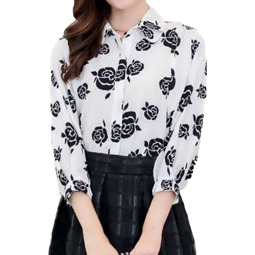 women black rose printed shirts floral three quarter batwing sleeves loose button blusas femininas ladies work shirt TIML66