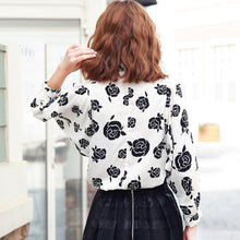 women black rose printed shirts floral three quarter batwing sleeves loose button blusas femininas ladies work shirt TIML66