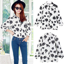 women black rose printed shirts floral three quarter batwing sleeves loose button blusas femininas ladies work shirt TIML66