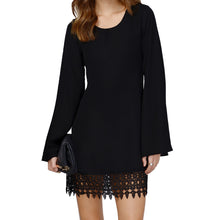 women chiffon shift dress crochet lace hem long sleeve mini dress black white vestidos femininos sale TIML66