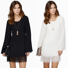 women chiffon shift dress crochet lace hem long sleeve mini dress black white vestidos femininos sale TIML66