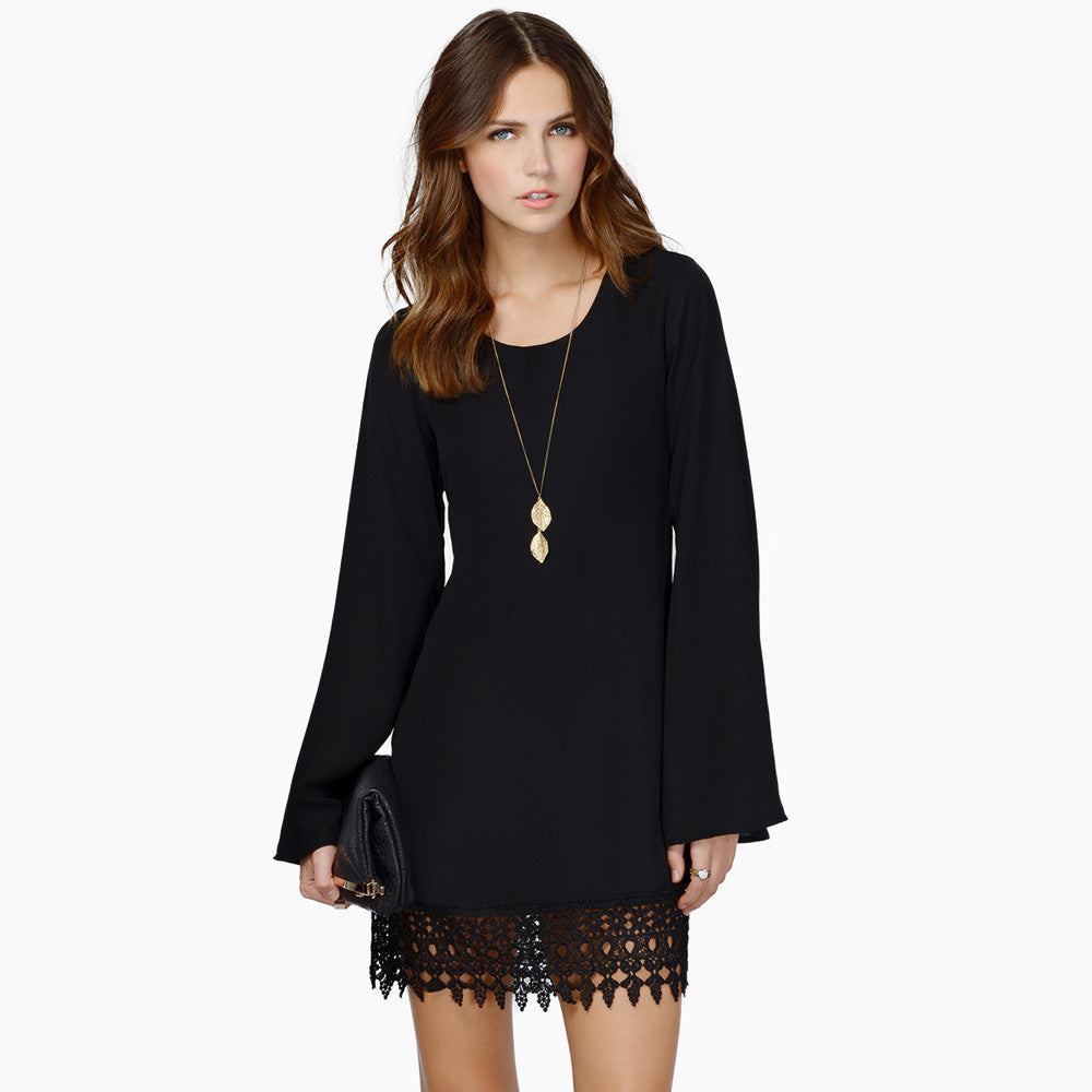 women chiffon shift dress crochet lace hem long sleeve mini dress black white vestidos femininos sale TIML66