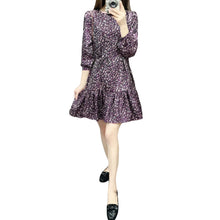 Women Dress Floral Print Round Neck Long Sleeve Dress Self-Tie Ruffle Hem Casual Beach Dress Vestidos Purple TIML66 TIML66