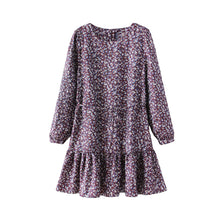 Women Dress Floral Print Round Neck Long Sleeve Dress Self-Tie Ruffle Hem Casual Beach Dress Vestidos Purple TIML66 TIML66