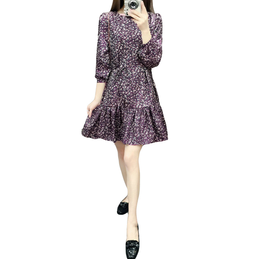 Women Dress Floral Print Round Neck Long Sleeve Dress Self-Tie Ruffle Hem Casual Beach Dress Vestidos Purple TIML66 TIML66